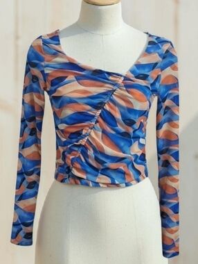 Forever 21 Colorful Ruched Crop Top Semi Transparent Women's Sz S Rainbow Pastel